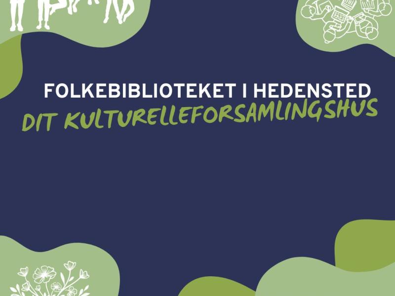 Folkebiblioteket i Hedensted Kommunes logo samt billede af mennesker, bøger mv. 